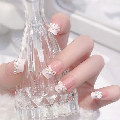 24Pcs Short Almond Press-On Nails Pink Floral French Tip Glossy&Elegant Full Cover Fake Nails for Women&Girls Spring,Daily Wear