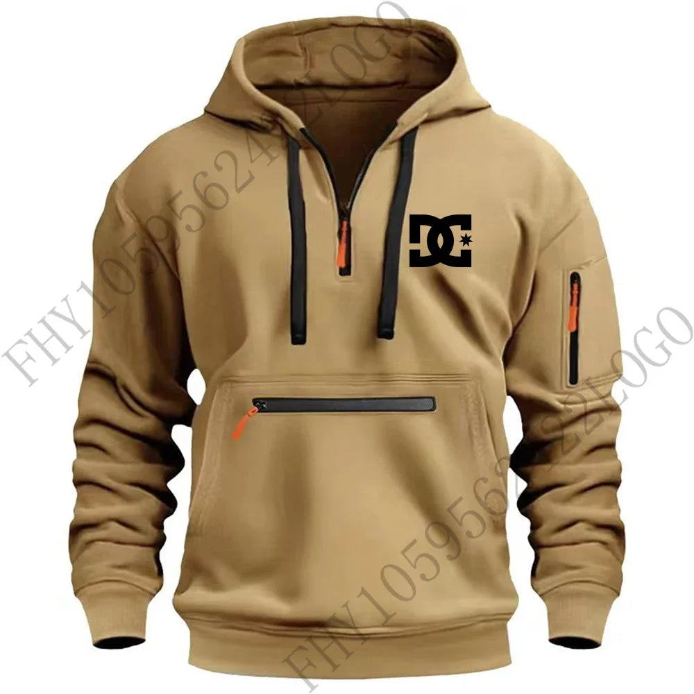New men's hooded sportswear for autumn and winter 2025, long-sleeved multi-zipper pocket outdoor fishing casual pullover.