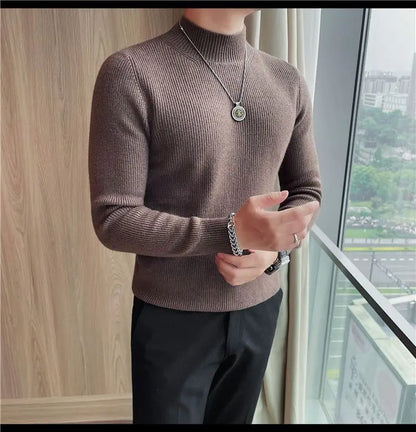 Half Turtleneck Sweater Men with Striped Wool in Autumn Winter Thickened Slightly Loose Base Knitted
