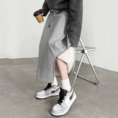 Women's Gray Split Midi Skirts Elasticity Waist Casual Loose Long Skirts Female Autumn Winter Thicken Plus Velvet Straight Skirt.
