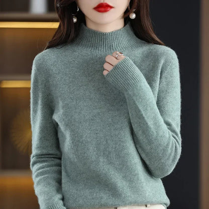 Herbst Winter Frauen Pullover Koreanische Mode Warme Bodenbildung Shirts Halb Hohe Kragen Grundlegende Strickwaren Solide Langarm Pullover