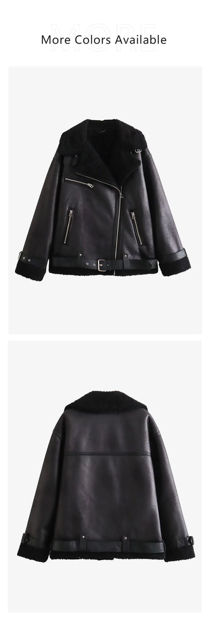 2023 Autumn/Winter New Women's Wear New Fashion Casual Loose Versatile Leather and Fur One Piece Jacket Coat.