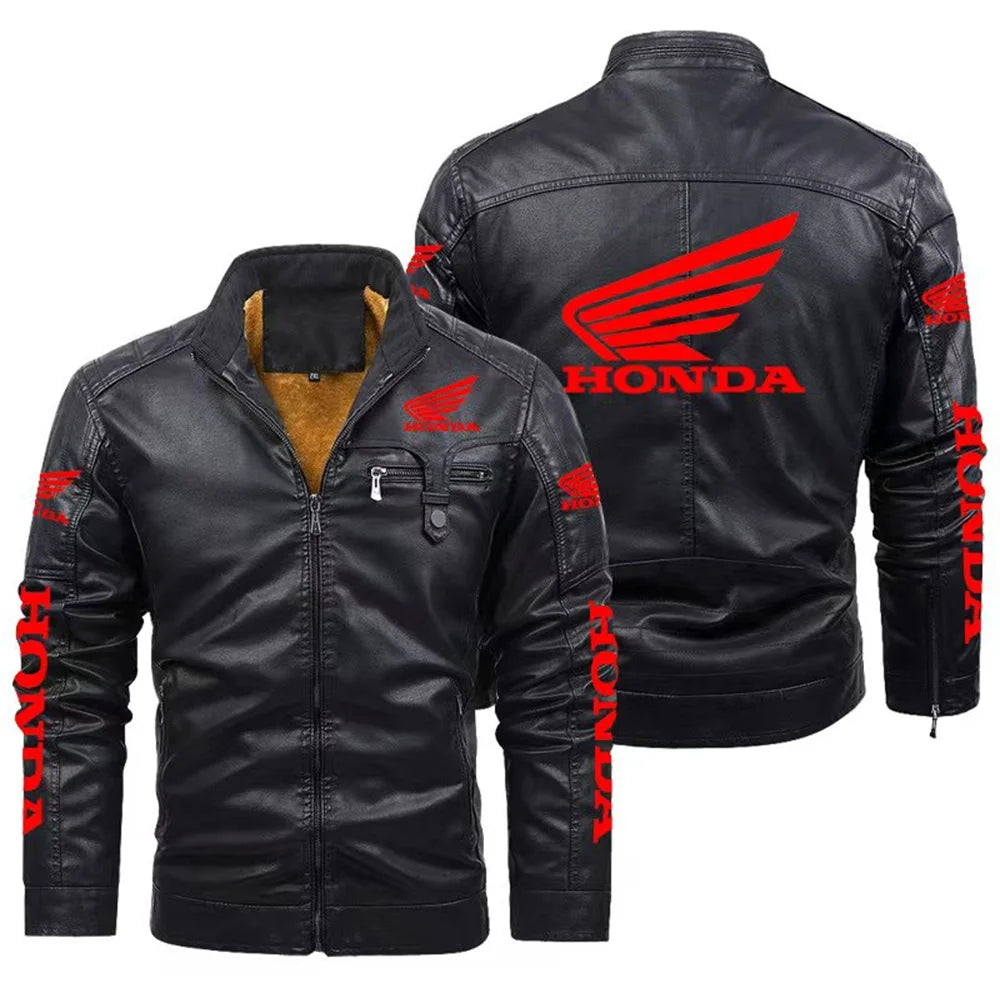 Men's vintage warm leather jacket, Honda motorcycle racing jacket, zipper windbreaker top, outdoor fashion, warm, winter.