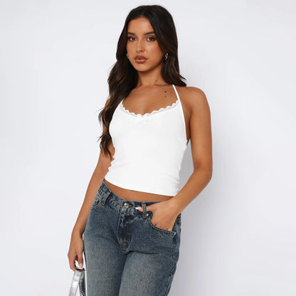 Neue Hals hängende Weste Damen Y2K Sexy Crop Top mit freiliegendem Nabel BM Strapsbasis und ärmelloses Slim Fit Top Tank Top