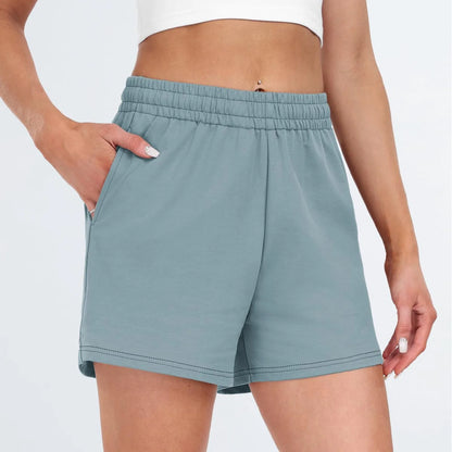 Plain Color Sports Shorts Casual Summer Comfortable And Soft Elastic High Waist Running Shorts With Pockets For Women
