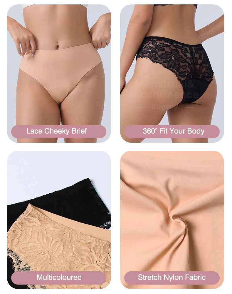 Women Period Panties 4-Layer Leakproof Lace Cheeky Brief High Absorbency Reusable Breathable Menstrual Panties.