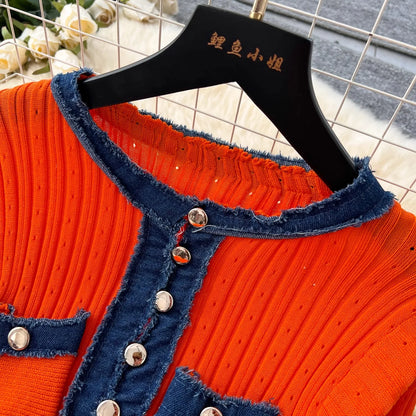 YuooMuoo Chic Mode Sexy Pakete Gestrickte Maxi Kleid Frühling Sommer Vintage Denim Patchwork Lange Pullover Kleid Dame Vestidos.