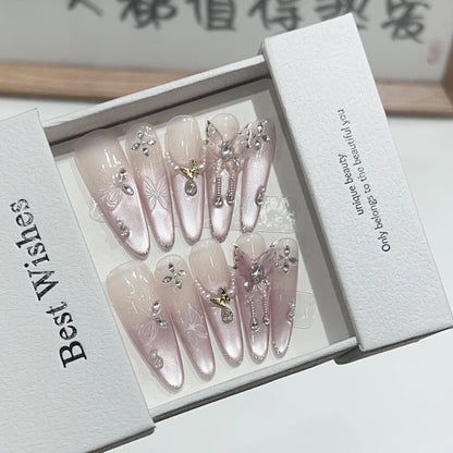 10pcs Pink Cat Eye False Nails 3D Butterfly Fake Nails Diamond Pearl Press on Nails Gradient French Glue on Nail Almond Nail Art.