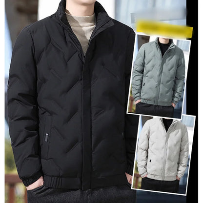 Men's winter standing collar cotton jacket with diamond grid pattern warm jacket, casual solid color fashionable simple jacket.