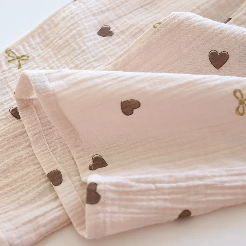 2025 neue Frühjahr/Sommer frauen Pyjama Set 100% Baumwolle Crepe Nette Liebe Langarm Lange Hosen Zwei Stück set Strickjacke Hause Kleidung.