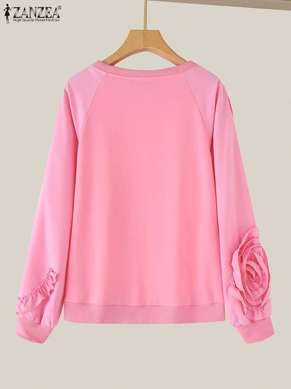 ZANZEA Plus Größe Frauen Solide Sweatshirts Herbst Rüschen Nähte Tops Vintage Oansatz Lässige Mode Lange Puff Sleeve Pullover.