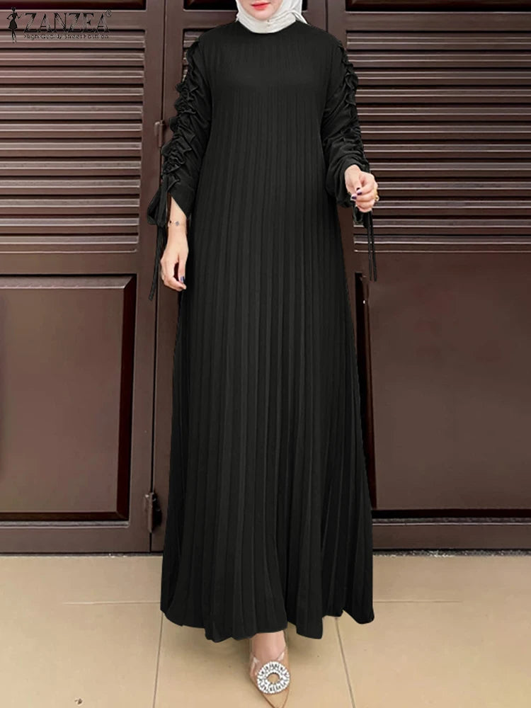 Muslim Hijab Dresses Abaya ZANZEA Spring Maxi Sundress Women Fashion Long Sleeve Pleated Party Dress IsIamic Clothing Robe Femme