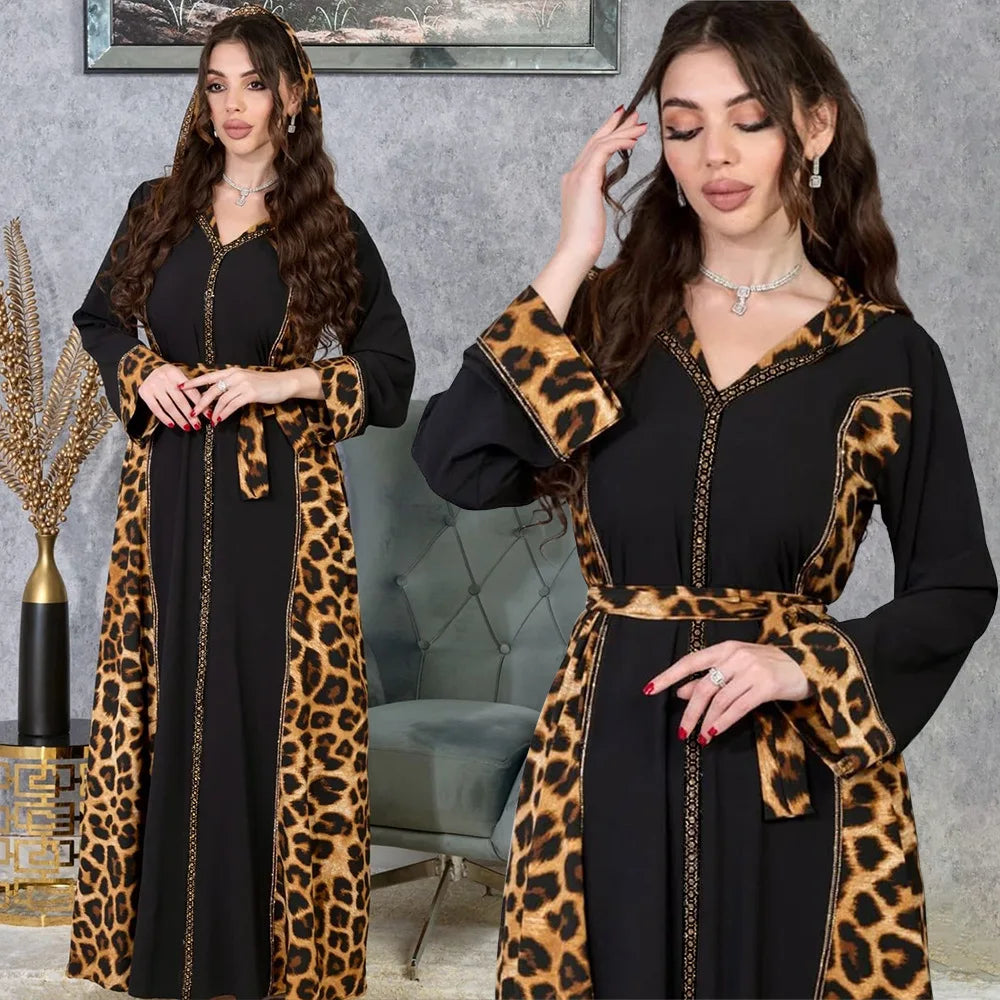 Elegantes arabisches Frauen-Partykleid, afrikanischer V-Ausschnitt, Leopardenmuster, langärmelig, Abaya, modische muslimische Dame, Urlaubskleid, islamische Kleidung