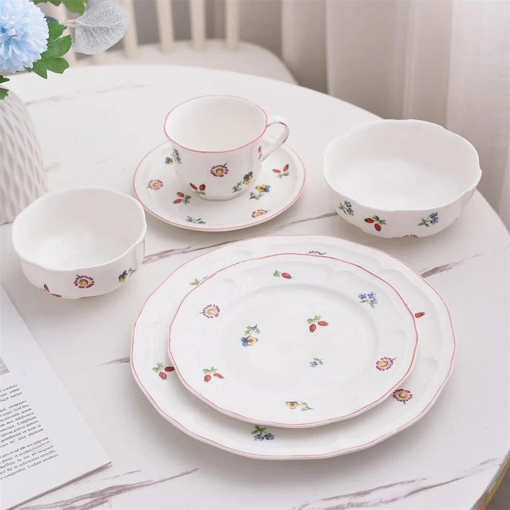 German Small Flower Ceramic Tableware European Pastoral Salad Bowl Plate Household Afternoon Tea Coffee Cup Saucer Teapot.