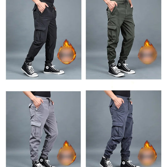 Autumn and winter loose ankle multi pocket work pants for men, winter oversized sports pants, trendy brand with plush and thick.