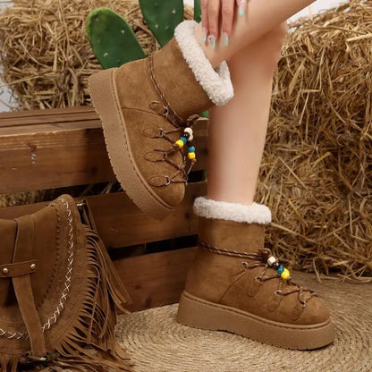 Chunky Platform Non Slip Furry Snow Boots Women 2025 Winter Soft Thick Bottom Warm Plush Ankle Boots Colorful Bead Lace Up Shoes.