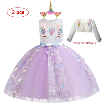 2023 Neues Regenbogen-Einhorn-Kleid für Mädchen, besticktes Tanzkleid, Halloween-Performance-Kleidung, Kinderkleidung, 3–10 Jahre alt