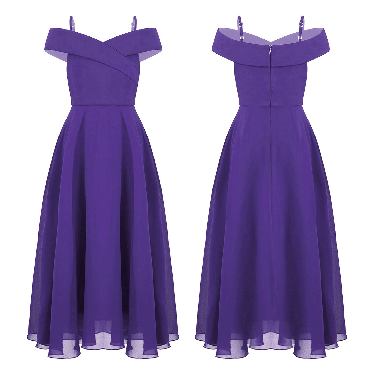 Elegantes Chiffon-Partykleid für Mädchen, schulterfrei, verstellbarer Spaghettiträger, bodenlanges Maxikleid für Hochzeit, Geburtstag, Abend