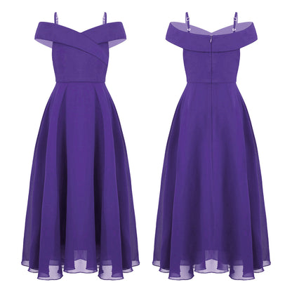 Elegantes Chiffon-Partykleid für Mädchen, schulterfrei, verstellbarer Spaghettiträger, bodenlanges Maxikleid für Hochzeit, Geburtstag, Abend