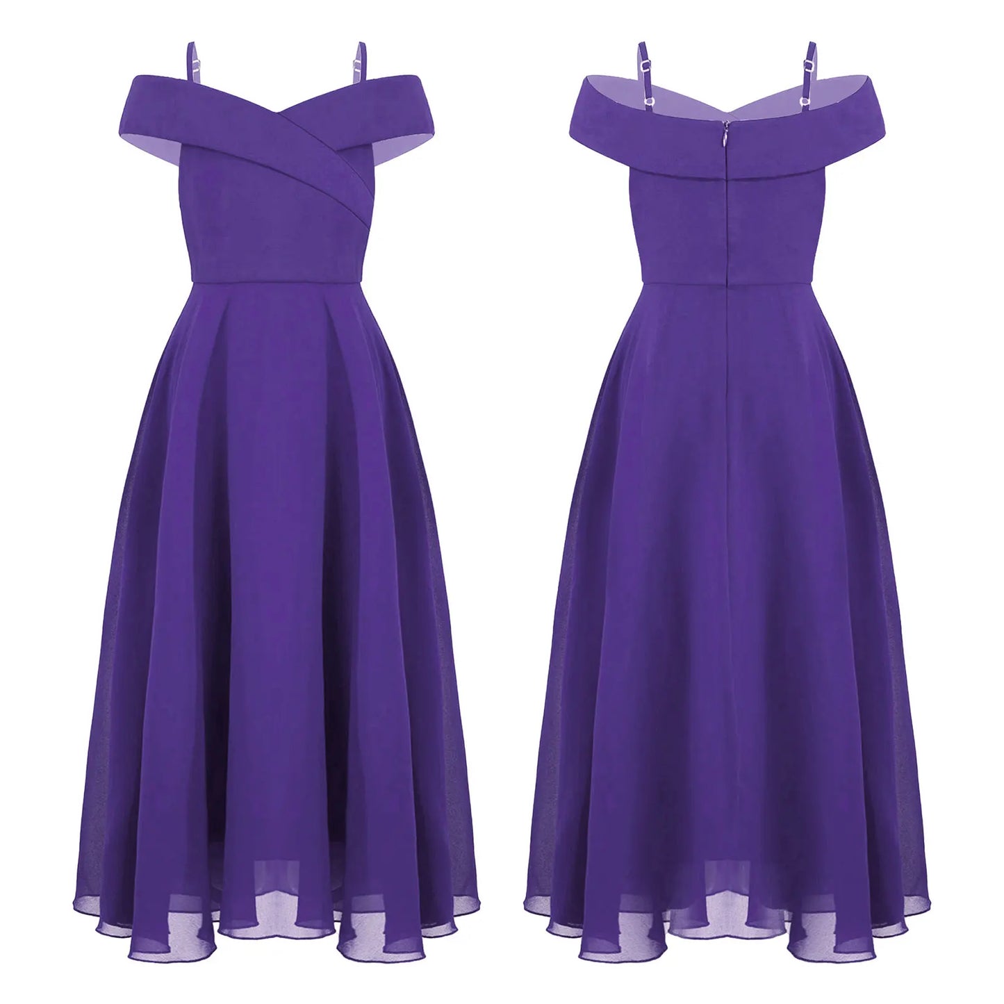 Elegantes Chiffon-Partykleid für Mädchen, schulterfrei, verstellbarer Spaghettiträger, bodenlanges Maxikleid für Hochzeit, Geburtstag, Abend