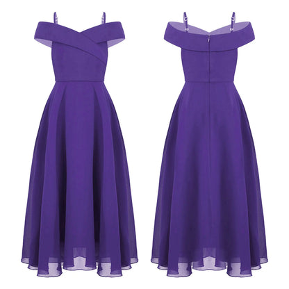 Elegantes Chiffon-Partykleid für Mädchen, schulterfrei, verstellbarer Spaghettiträger, bodenlanges Maxikleid für Hochzeit, Geburtstag, Abend