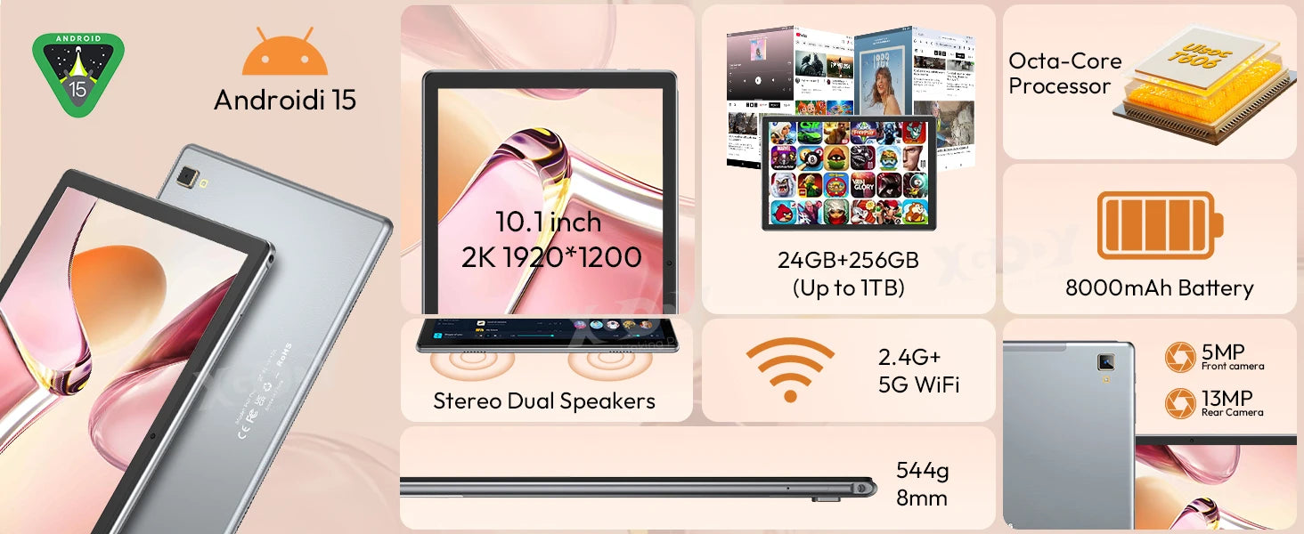 XGODY Newest P60 PRO Tablet Android 15 24GB(8+16)+256GB Octa core Dual SIM 4G LTE Free Keyboard Case/Charger 10.1 inch 8000mah.