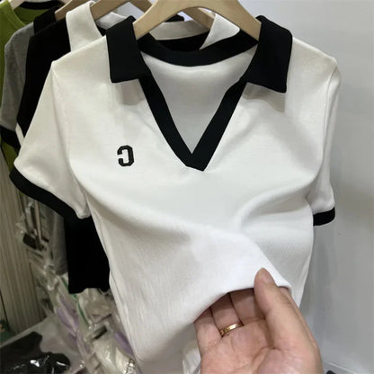 Summer Hot Sale Of The Season Women's Grey Short Sleeve Polo Neck T-Shirt Pure Cotton Slim Fit Base Shirt Trendy Top Quality Chi.