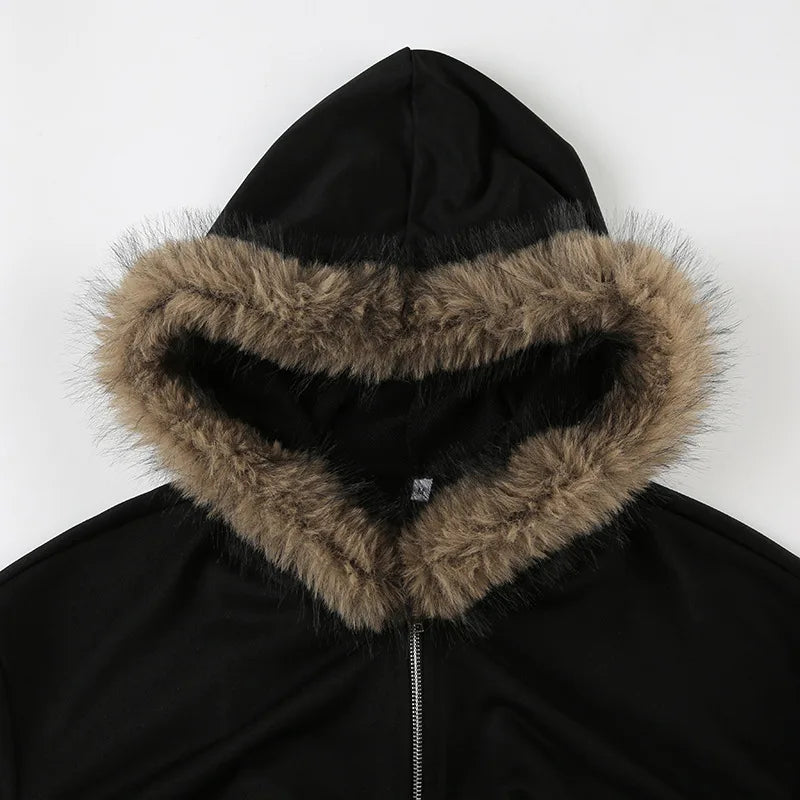 Goth Dark Autumn Winter Faux Fur Collar Solid Hooded Coats Women Casual Slim Waist Zip Hoodies Gothic Jackets Chic Streetwear.