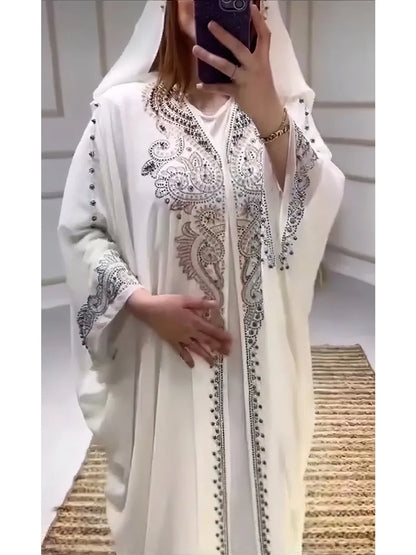 Eid Muslim Dress for Women Hooded Abaya 2 Piece Set Diamond Jalabiya Morocco Party Dresses Dubai Abayas Kaftan Vestido Long Robe