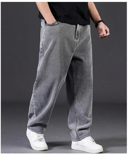Plus Size Jeans Men's Autumn Loose-Fit Straight-Leg Casual Denim Pants Elastic Waist Wide-Leg Design For Plus Size Men.