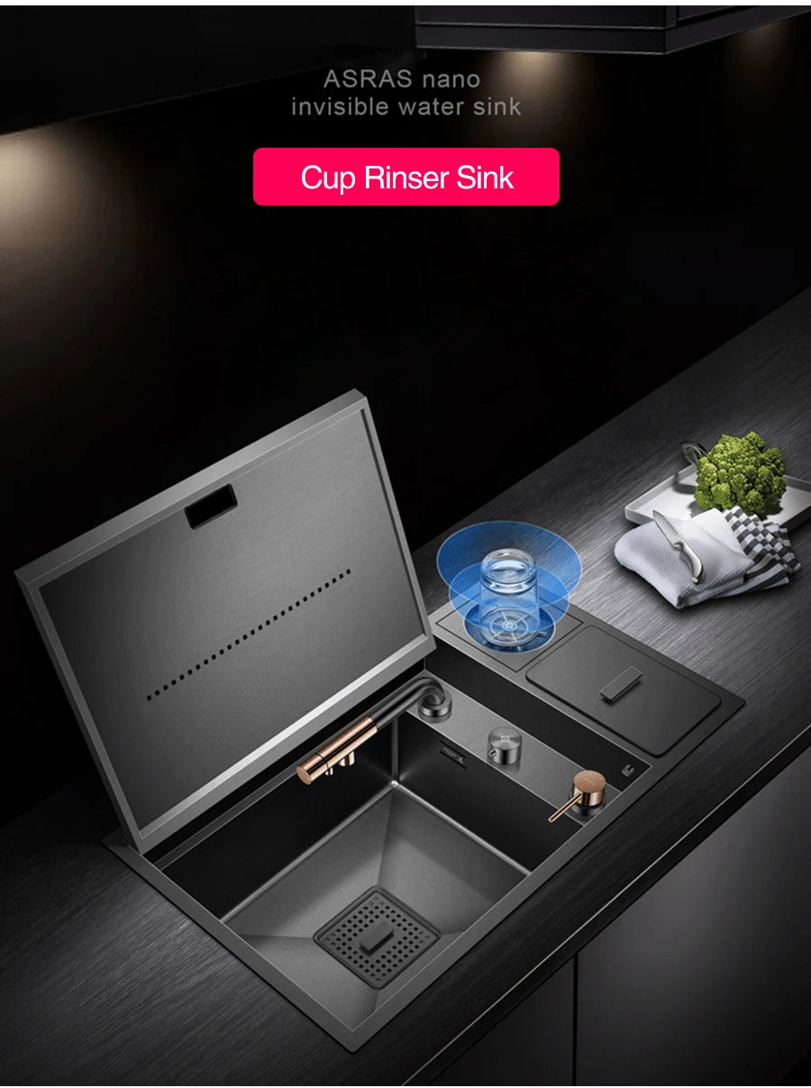 ASRAS Nanometer Hidden Flip Cover kitchen Island Sink 4mm Thickness Handmade Cup Rinser And Trash Can Kitchen Sinks