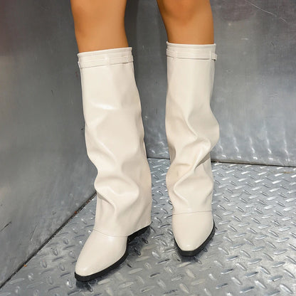 Fashion Wide Leg Knee High Boots Women Autumn Winter Slip On High Heels Pants Boots Woman Pu Leather Long Botas Plus Size 36-43.