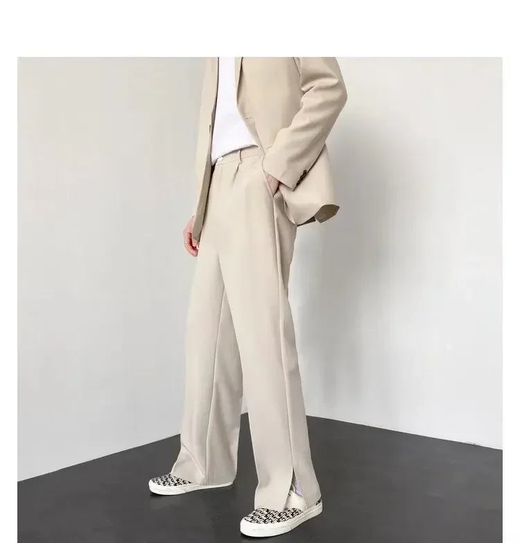 Men's Straight Baggy Casual Pants Korean Slit Personality Suit Trousers Fashion Formal Business Male Streetwear Gray Khaki Black.