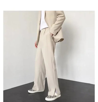 Men's Straight Baggy Casual Pants Korean Slit Personality Suit Trousers Fashion Formal Business Male Streetwear Gray Khaki Black.