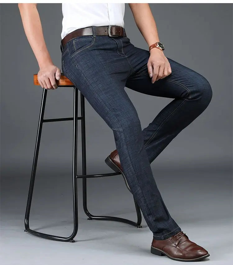 Classic Straight Men's Jeans Fitted Comfortable Elastic Business Casual Denim Pants Korean Fashion  Autumn Casual Trousers