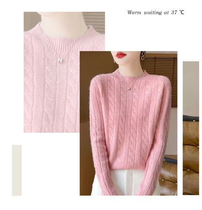 Frauen 100% Merino Wolle Verdickung Pullover Oansatz Gestrickte Twisted Pullover Herbst Winter Kaschmir Langarm Kleidung Basis Tops.