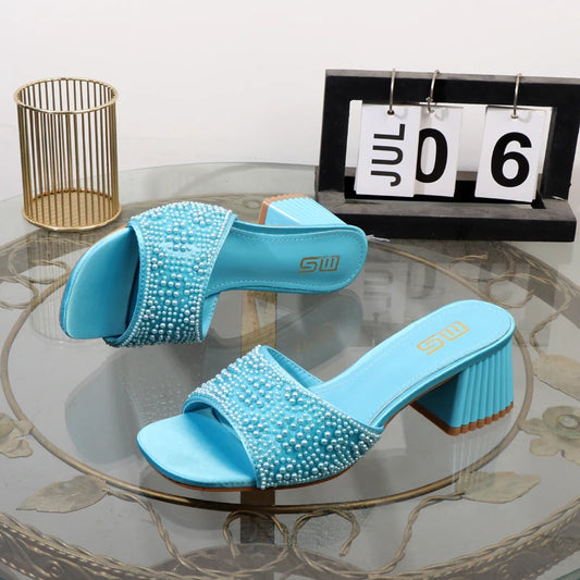 High-heeled slippers 2024 summer fashion new thick with square head luxurious ladies slippers coarse heel 6CM.