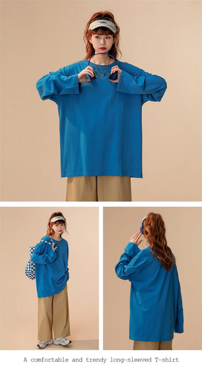 COUTUDI-Oversized T-Shirt for Women, Loose Pullover,Long Sleeve, Casual 100% Cotton Tee Shirt, Lady Tops, Korean Streetwears.