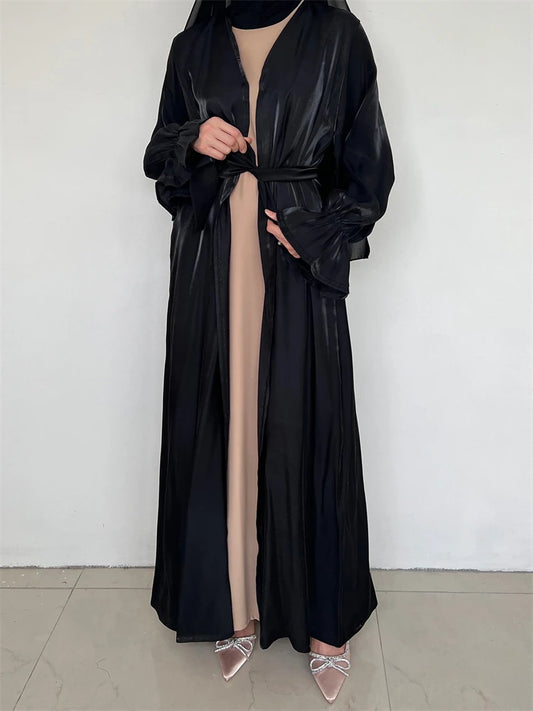 Ramadan Black Satin Muslim Kimono Abaya Turkey Islam Modest Hijab Dress Jalabiya For Women Kebaya Robe Femme Musulmane Kaftan.