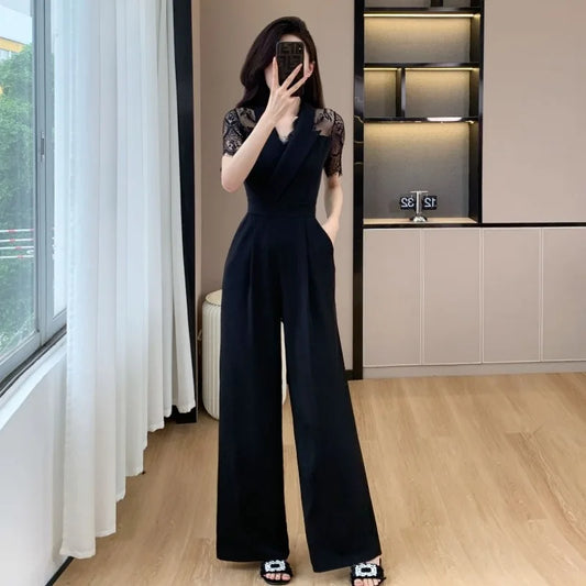 V-neck Solid Office Jumpsuit Women Elegant High Waist Wide Leg Pants Overall 2025 Fashion Slim Hollow Solid Color Romper.