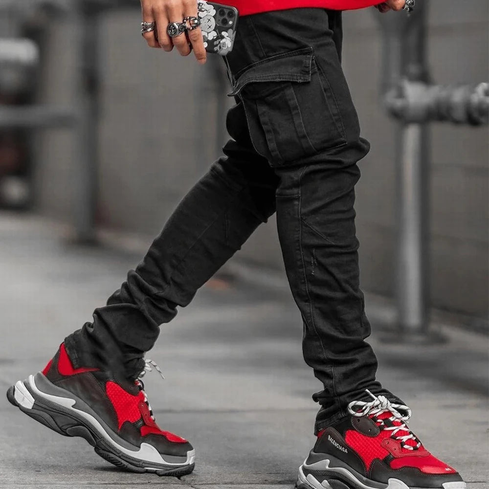 Street Elastic Jeans Men Denim Cargo Pants Wash Solid Color Multi Pockets Casual Mid Waist Trousers Slim Fit Daily Wear Joggers.