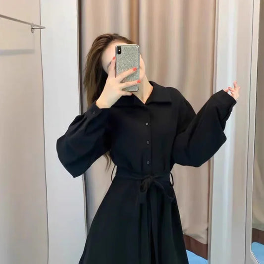 Hebenopis Damen Langes Kleid 2025, Frühling und Herbst, neues, tailliertes, schlankmachendes, elegantes schwarzes Kleid, Kleidung, schmale Passform für Damen.