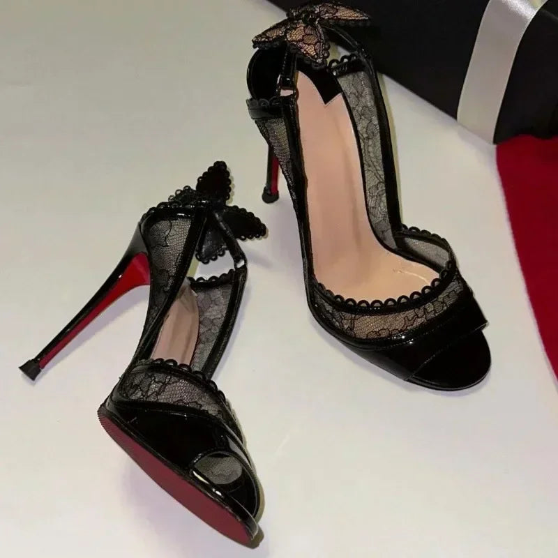 2025 Women's New in Black Lace Butterfly Sexy Pumps Stilettos Peep Toe High Heels Leather Luxury Designer Party Chic Shoes.