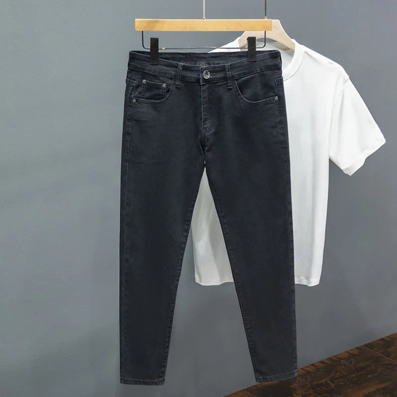 Men's Jeans Spring Summer Thin Slim Fit Elastic Cotton Soft Straight Denim Ankle Length Pants Korean Youth Fashion Trousers.