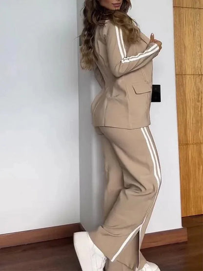 Autumn Winter New Women's Casual Lapel Pantsuit Fashion Splicing Stripes Slit Wide Leg Trousers Female Suit Office Two-piece Set.