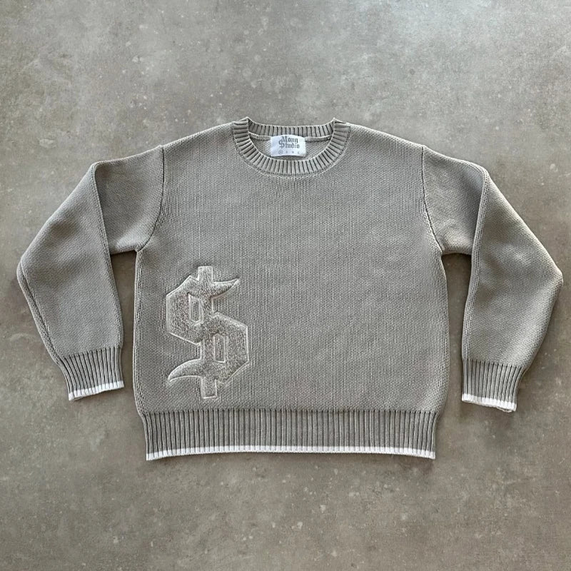 Y2K Grey Long Sleeve Sweater Dollar Gothic Embroidery Pullover Goth Retro Casual Streetwear Old Money Men Boxy Knitted Clothing.