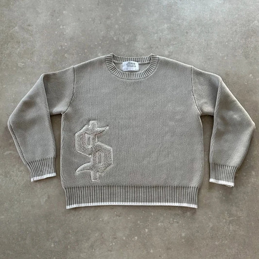 Y2K Grey Long Sleeve Sweater Dollar Gothic Embroidery Pullover Goth Retro Casual Streetwear Old Money Men Boxy Knitted Clothing.