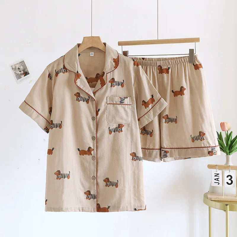 Japanische einfache kurze Pyjamas Frauen 100 % Baumwolle kurze Ärmel Damen Pyjama Sets Shorts süße Cartoon Nachtwäsche Frauen Homewear