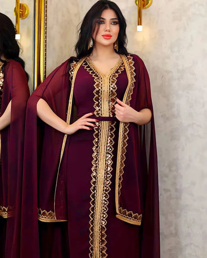 Elegant Muslim Abaya for Women Dress 2 Piece Set Chiffon Cloak Caftan Indian Party Dresses Sequins Kinono Robe Vestidos Abayas.