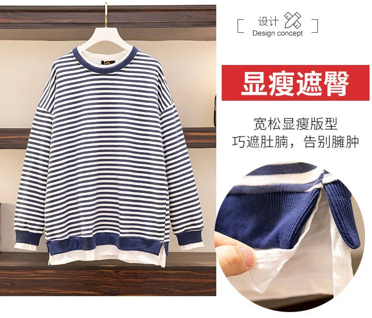 150Kg Plus Größe frauen Fehlschlag 157 Frühling Herbst Neue Lose Gefälschte Zwei-Stück Lange Ärmeln Gestreiften sweatshirt 5XL 6XL 7XL 8XL 9XL.